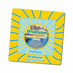A square magnetic photo frame featuring a circular centre with a logo, set against a bright yellow and blue swirled background.