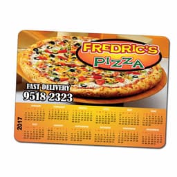 A magnetic calendar featuring a pizza, with vibrant colours and a logo at the top. The calendar layout is clearly visible.