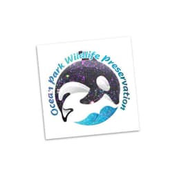 A circular logo featuring a glittery dolphin design in black and purple, with blue waves and branding around the edges.