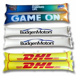 Inflatable thunder sticks in blue, white, and yellow, featuring various logos and promotional text.