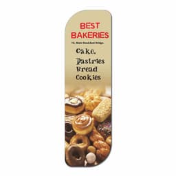 A laminated bookmark featuring a variety of baked goods, including cakes, pastries, and cookies, with a branding logo.