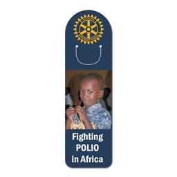 A laminated bookmark featuring a photo of a boy and a blue and yellow design with a logo at the top.