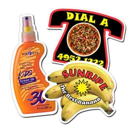 A selection of custom shape fridge magnets including a sunscreen spray bottle, a pizza phone, and a banana design.
