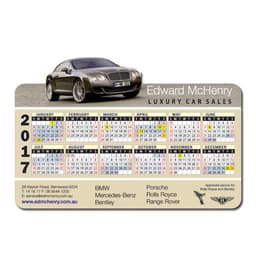 A calendar fridge magnet featuring a luxury car image, with a predominantly grey and white colour scheme.