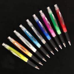 A set of ten sanitiser spray pens in various colours, including green, orange, blue, pink, and red, with a black grip.