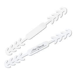 A white PVC face mask fastener with a leaf-like design and an embedded logo.