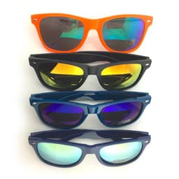 Four sets of fashion sunglasses with reflective lenses, featuring orange, black, dark blue, and navy frames.