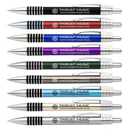 A set of metal pens in various colours, featuring silver, black, blue, purple, green, red, and teal, with a logo.