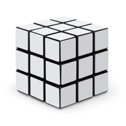 A puzzle cube with a black base and white panels, featuring a grid pattern of smaller squares. It has a branding logo.