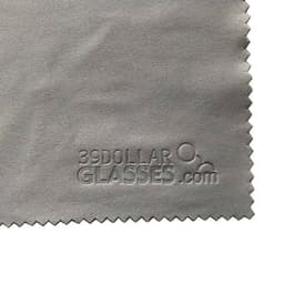 A grey microfibre lens cloth with an embossed logo, suitable for cleaning delicate surfaces.