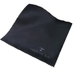 A black microfibre lens cloth with a logo, featuring a smooth, embossed texture suitable for cleaning.