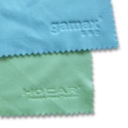A microfibre lens cloth in light blue and green, featuring embossed branding. Ideal for cleaning screens and lenses.