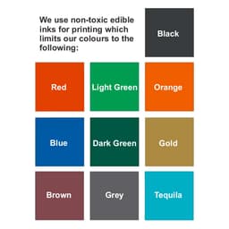 A swatch of colours including black, red, light green, orange, blue, dark green, gold, brown, grey, and tequila.