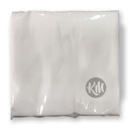 A pack of white paper napkins in clear packaging, featuring a logo on the front.