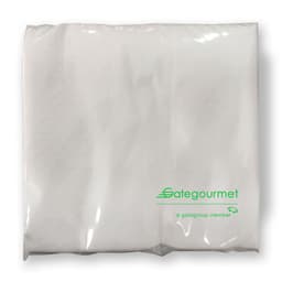 White paper napkins packaged in clear plastic, featuring a logo.