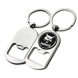 A drink bottle opener keyring in silver with a circular keyring attachment and a logo on one side.