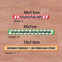 Non-slip floor decals in red and white or green and white stripes with different messages about distance.