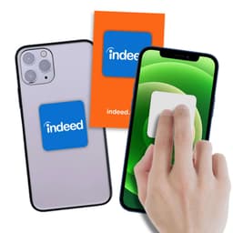 Microfibre sticky screen cleaner in blue, attached to a phone, with a hand demonstrating its use on a green screen.