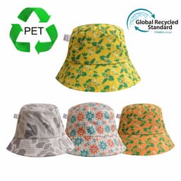 A collection of four bucket hats featuring floral, geometric, camouflage, and orange patterns. One has a logo.