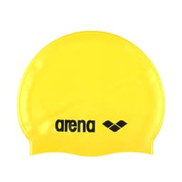 A yellow swimming cap featuring a logo in black.