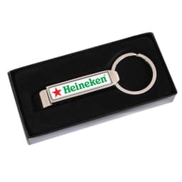 A drink bottle opener in silver with a circular keyring and a branded logo, presented in a black box.