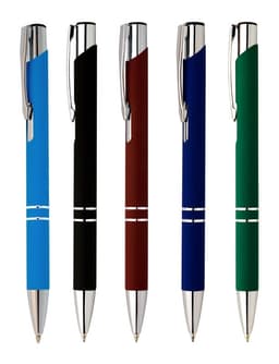A collection of five rubber-coated pens in blue, black, brown, blue, and green, featuring chrome accents and a logo.