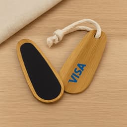 A bamboo paddle nail file set with a natural wood finish and black accents, featuring a rope handle and a logo.