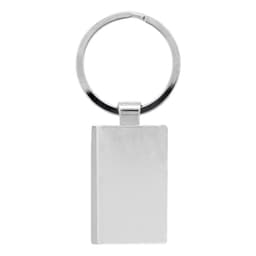 A silver keychain with a rectangular tag and a circular keyring. It features a smooth, shiny surface.