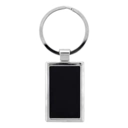 A rectangular silver keychain with a shiny finish and a blank black surface for personalisation.