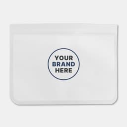 A transparent, white PEVA reusable food storage bag with a circular logo area.
