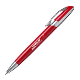 A red metal pen with a shiny silver clip and a logo on its surface.