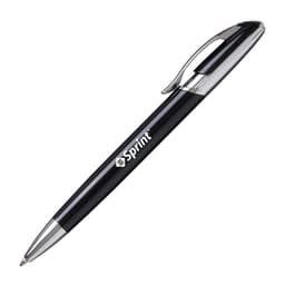 A black metal pen with a chrome clip and a branding logo on the side.