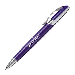 A purple metal pen with a chrome clip, featuring a logo on the barrel.