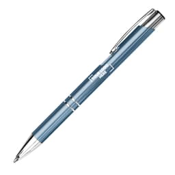 A blue metal pen with a shiny silver trim and a clip, featuring a branding area.