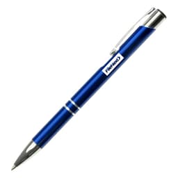 A blue metal pen with a silver clip and trim, featuring a logo on its body.