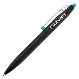 A black pen with a silver clip and a light blue accent, featuring a logo on the barrel.