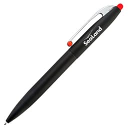 A black pen with a silver clip and a red tip, featuring a branding logo.