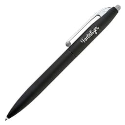 A black pen with a silver clip and a branding logo on the barrel. It features a smooth, sleek design.