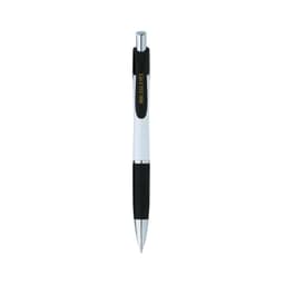 A sleek silver and black custom pen with a textured grip and a logo on the barrel.