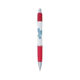 A white pen with red accents and a logo, featuring a sleek design and silver tip.