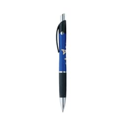 A blue and black pen with a shiny silver clip and grip, featuring a logo on its barrel.