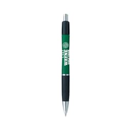 A green and black pen with a logo, designed for writing. Features a retractable mechanism and a textured grip.