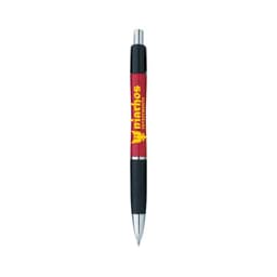 A red and black pen with a brand logo, featuring a sleek design and a smooth writing tip.