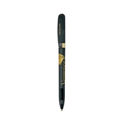 A green metal pen with a gold accents and branding, featuring a smooth design and a clip at the top.