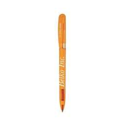 An orange metal pen with a silver clip and a branding logo on its side.