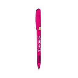 A metal pen in vibrant pink with a gold trim and a logo on the barrel.