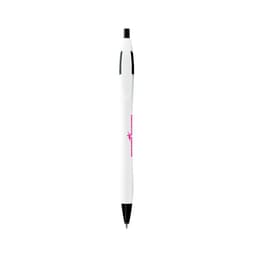 A curved pen in white with black accents, featuring a logo on its body.