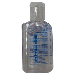 A clear 60ml hand sanitiser gel bottle with 75% ethyl alcohol and a logo, featuring blue text on the label.