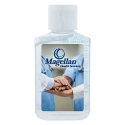 A clear, 60ml hand sanitiser gel bottle containing 75% ethyl-alcohol, featuring a logo and a graphic design.
