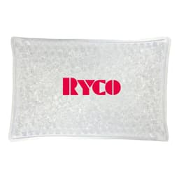 A clear cooling pack filled with small beads, featuring a logo in bold pink.
